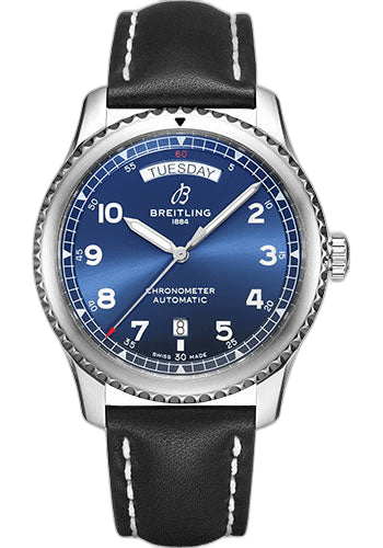 Breitling 41mm Aviator 8 Automatic Day & Date 41 Watch - Stainless Steel - Blue Dial - Black Calfskin Leather Strap - Folding Buckle - A45330101C1X4 Watch Ref. A45330101C1X4