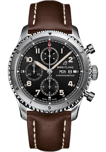 Breitling Aviator 8 Chronograph 43 Watch - Stainless Steel - Black Dial - Brown Calfskin Leather Strap - Folding Buckle - A13316101B1X4 43mm