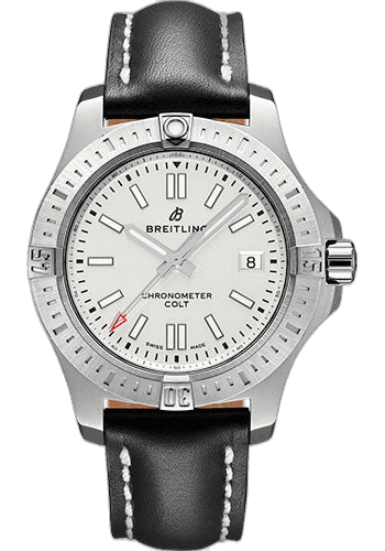 Breitling Colt 41 Automatic Watch - Steel - Silver Dial - Black Leather Strap - Folding Buckle - A17313101G1X2 41mm Watch Ref. A17313101G1X2
