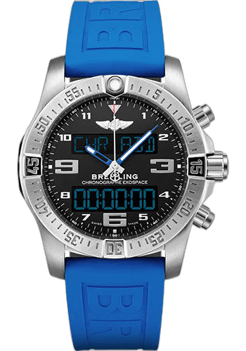 Breitling Exospace B55 Watch - Titanium - Volcano Black Dial - Blue And Black Rubber Strap - Folding Buckle - EB5510H21B1S1 46mm Timepiece [EB5510H21B1S1