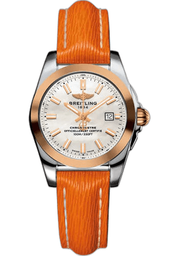 Breitling Galactic 29 Sleek Watch - Stainless Steel - Mother-Of-Pearl Dial - Orange Calfskin Leather Strap - Tang Buckle - C72348121A1X1 29mm Timepiece [C72348121A1X1