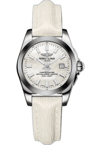 Galactic 29 Sleek Watch - Steel and Tungsten - Mother-Of-Pearl Dial - White Calfskin Leather Strap - Tang Buckle - W72348121A1X1 · Breitling 29mm — W72348121A1X1