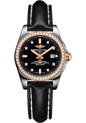 Breitling 29mm & Rose Gold Diamond Black Dial Galactic 29 Sleek Watch - Steel & rose Gold, gem-set bezel - Trophy Black Diamond Dial - Black Leather Strap - Tang Buckle - C7234853/BE86/477X/A12BA.1 Watch Ref. C7234853/BE86/477X/A12BA.1