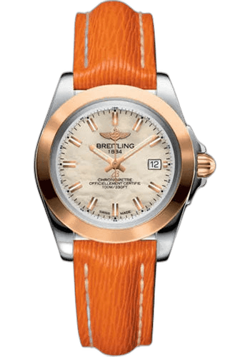 Breitling Galactic 32 Sleek Watch - Steel and 18K Rose Gold - Mother-Of-Pearl Dial - Orange Calfskin Leather Strap - Tang Buckle - C71330121A1X1 32mm & 18K Rose Gold Mother-of-Pearl Dial Timepiece [C71330121A1X1