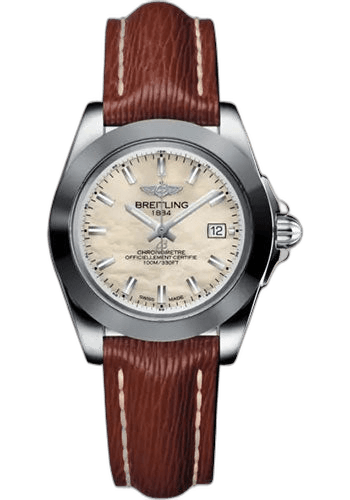 Breitling Galactic 32 Sleek Watch - Steel and Tungsten - Mother-Of-Pearl Dial - Brown Calfskin Leather Strap - Tang Buckle - W71330121A2X1 32mm Timepiece [W71330121A2X1