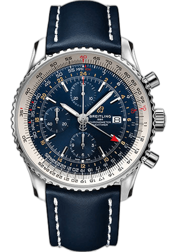 Breitling Navitimer Chronograph GMT 46 Watch - Stainless Steel - Blue Dial - Blue Calfskin Leather Strap - Folding Buckle - A24322121C2X2 46mm Watch Ref. A24322121C2X2