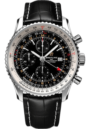 Breitling Navitimer Chronograph GMT 46 Watch - Steel - Black Dial - Black Croco Strap - Tang Buckle - A24322121B2P1 46mm