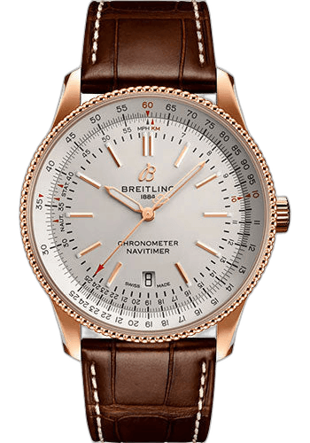 Navitimer Automatic 41 Watch - 18K Red Gold - Silver Dial - Brown Alligator Leather Strap - Tang Buckle - R17326211G1P1 41mm Breitling Ref. R17326211G1P1