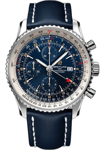 Breitling Navitimer Chronograph GMT 46 Watch - Steel - Blue Dial - Blue Leather Strap - Tang Buckle - A24322121C2X1 46mm Ref. A24322121C2X1