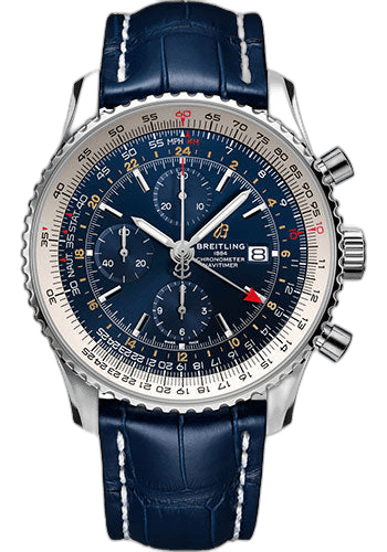 Breitling Navitimer Chronograph GMT 46 Watch - Steel - Blue Dial - Blue Alligator Strap - Folding Buckle - A24322121C2P2 46mm Timepiece [A24322121C2P2