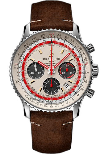 Navitimer B01 Chronograph 43 TWA Watch - Steel - White Dial - Brown Nubuck Strap - Tang Buckle - AB01219A1G1X1 43mm by Breitling — AB01219A1G1X1