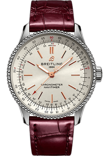 Breitling 35mm Navitimer Automatic 35 Watch - Stainless Steel - Silver Dial - Burgundy Alligator Leather Strap - Folding Buckle - A17395F41G1P2 Watch Ref. A17395F41G1P2