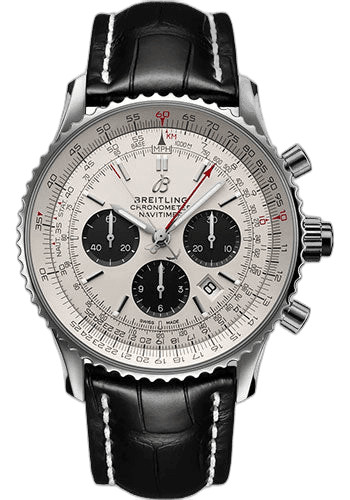 Breitling 45mm Navitimer B03 Chronograph Rattrapante 45 Watch - Stainless Steel - Silver Dial - Black Alligator Leather Strap - Folding Buckle - AB0311211G1P1 — Ref. AB0311211G1P1