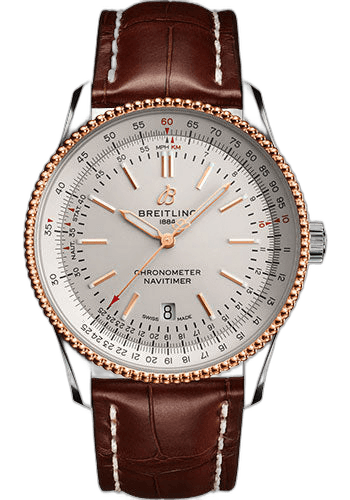 Breitling 41mm & 18K Red Gold Silver Dial Navitimer Automatic 41 Watch - Steel & Red Gold - Silver Dial - Brown Croco Strap - Folding Buckle - U17326211G1P2 — Ref. U17326211G1P2