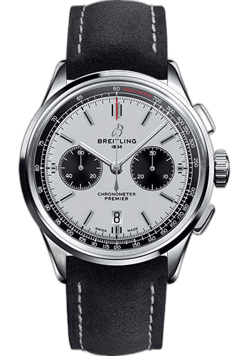 Premier B01 Chronograph Watch - 42mm Steel Case - Silver Dial - Anthracite Nubuck Strap - AB0118221G1X1 Breitling Ref. AB0118221G1X1