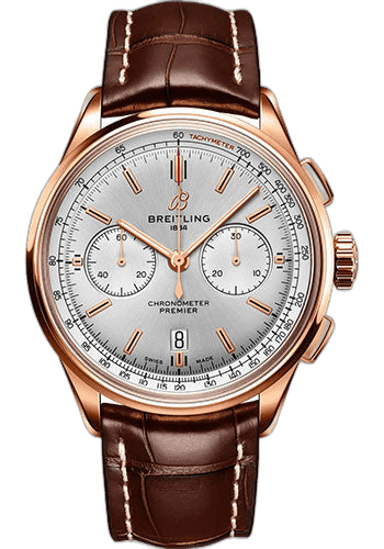 Breitling Premier B01 Chronograph 42 Watch - 18K Red Gold - Silver Dial - Brown Alligator Leather Strap - Tang Buckle - RB0118371G1P1 42mm (RB0118371G1P1