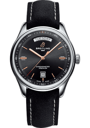 Breitling Premier Automatic Day & Date Watch - 40mm Steel Case - Black Dial - Black Nubuck Strap - A45340241B1X2