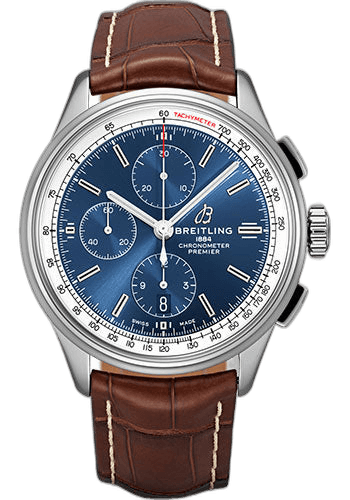 Breitling Premier Chronograph Watch - 42mm Steel Case - Blue Dial - Brown Croco Strap - A13315351C1P1 Watch Ref. A13315351C1P1
