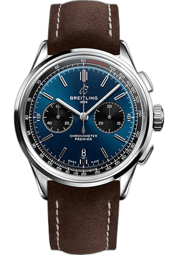 Breitling Premier B01 Chronograph 42 Watch - Stainless Steel - Blue Dial - Brown Calfskin Leather Strap - Tang Buckle - AB0118221C1X2 42mm Watch Ref. AB0118221C1X2