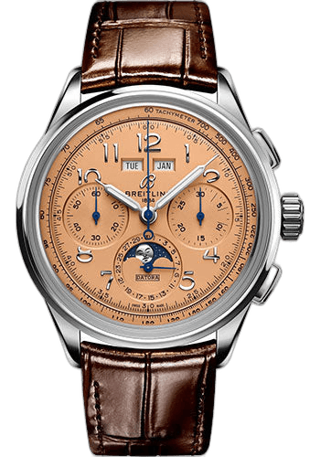 Breitling Premier B25 Datora 42 Watch - Stainless Steel - Copper Dial - Brown Alligator Leather Strap - Folding Buckle - AB2510201K1P1 42mm (AB2510201K1P1