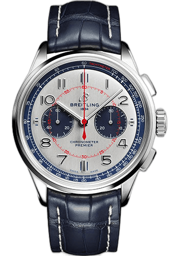 Breitling Premier B01 Chronograph 42 Bentley Mulliner Limited Edition Watch - Stainless Steel - Silver Dial - Blue Alligator Leather Strap - Tang Buckle Limited Edition of 1000 - AB0118A71G1P2 42mm