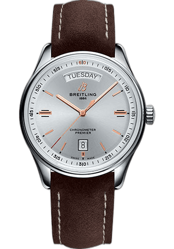 Breitling Premier Automatic Day & Date Watch - 40mm Steel Case - Silver Dial - Brown Nubuck Strap - A45340211G1X1 (A45340211G1X1