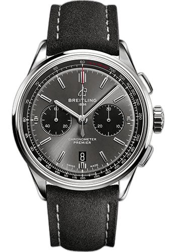 Premier B01 Chronograph 42 Watch - Stainless Steel - Anthracite Dial - Anthracite Calfskin Leather Strap - Tang Buckle - AB0118221B1X2 42mm · Breitling AB0118221B1X2