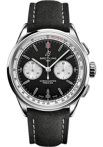 Premier B01 Chronograph 42 Watch - Stainless Steel - Black Dial - Anthracite Calfskin Leather Strap - Folding Buckle - AB0118371B1X1 42mm by Breitling — AB0118371B1X1
