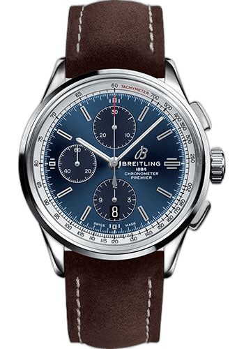Breitling Premier Chronograph Watch - 42mm Steel Case - Blue Dial - Brown Nubuck Strap - A13315351C1X1 Timepiece [A13315351C1X1