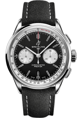Premier B01 Chronograph 42 Watch - Stainless Steel - Black Dial - Anthracite Calfskin Leather Strap - Tang Buckle - AB0118371B1X2 42mm — Breitling Ref. AB0118371B1X2