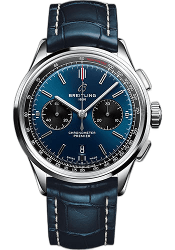 Breitling Premier B01 Chronograph 42 Watch - Stainless Steel - Blue Dial - Blue Alligator Leather Strap - Folding Buckle - AB0118221C1P1 42mm Timepiece [AB0118221C1P1