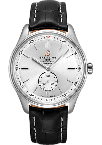 Breitling Premier Automatic Watch - 40mm Steel Case - Silver Dial - Black Croco Strap - A37340351G1P1