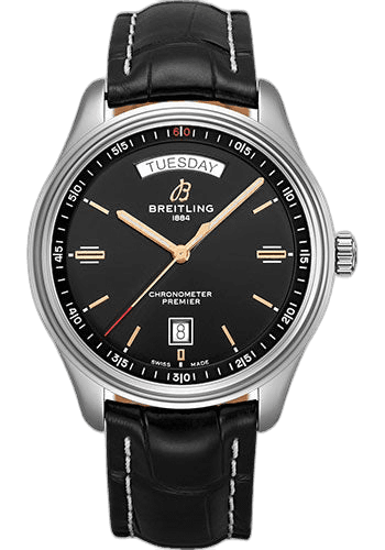 Breitling Premier Automatic Day & Date Watch - 40mm Steel Case - Black Dial - Black Croco Strap - A45340241B1P1 (A45340241B1P1