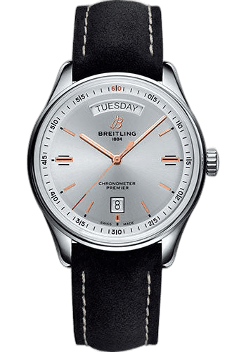 Breitling Premier Automatic Day & Date Watch - 40mm Steel Case - Silver Dial - Black Nubuck Strap - A45340211G1X2 Timepiece [A45340211G1X2