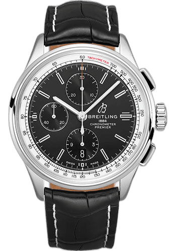 Premier Chronograph Watch - 42mm Steel Case - Black Dial - Black Croco Strap - A13315351B1P1 by Breitling — A13315351B1P1