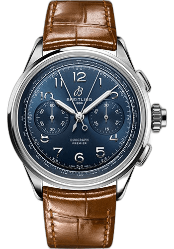 Breitling Premier B15 Duograph 42 Watch - Stainless Steel - Blue Dial - Gold Brown Alligator Leather Strap - Folding Buckle - AB1510171C1P1 42mm (AB1510171C1P1