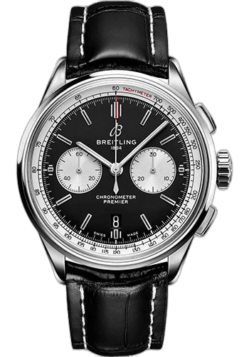 Premier B01 Chronograph 42 Watch - Stainless Steel - Black Dial - Black Alligator Leather Strap - Tang Buckle - AB0118371B1P2 42mm · Breitling AB0118371B1P2