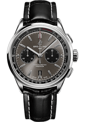 Breitling Premier B01 Chronograph 42 Watch - Steel - Blackeye Gray Dial - Black Alligator Strap - Tang Buckle - AB0118221B1P2 42mm (AB0118221B1P2