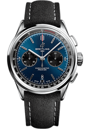 Breitling Premier B01 Chronograph 42 Watch - Stainless Steel - Blue Dial - Anthracite Calfskin Leather Strap - Folding Buckle - AB0118221C1X3 42mm Watch Ref. AB0118221C1X3