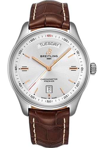 Breitling Premier Automatic Day & Date Watch - 40mm Steel Case - Silver Dial - Brown Croco Strap - A45340211G1P1 — Ref. A45340211G1P1