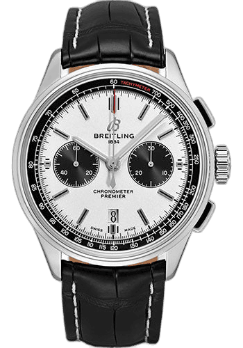 Premier B01 Chronograph Watch - 42mm Steel Case - Silver Dial - Black Croco Strap - AB0118221G1P1 — Breitling Ref. AB0118221G1P1