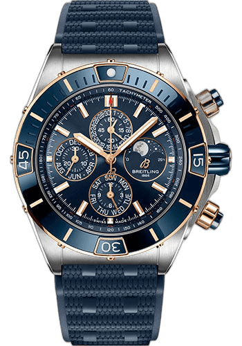 Super Chronomat 44 Four-Year Calendar Watch - Steel and 18K Red Gold - Blue Dial - Blue Rubber Strap - Folding Buckle - U19320161C1S1 44mm & 18K Red Gold Blue Dial — Breitling Ref. U19320161C1S1