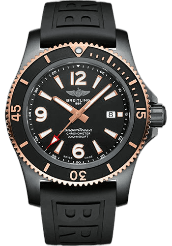 Breitling Superocean Automatic 46 Black Steel Watch - DLC-Coated Steel and 18K Red Gold - Black Dial - Black Rubber Strap - Tang Buckle - U17368221B1S1 46mm & 18K Red Gold Black Dial Timepiece [U17368221B1S1