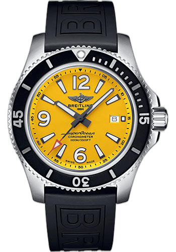 Breitling 44mm Superocean Automatic 44 Watch - Stainless Steel - Yellow Dial - Black Rubber Strap - Tang Buckle - A17367021I1S1 Watch Ref. A17367021I1S1