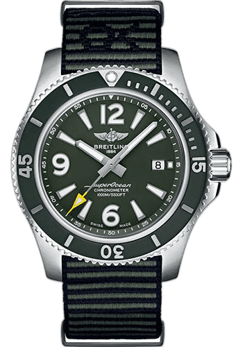 Breitling Superocean Automatic 44 Outerknown Watch - Stainless Steel - Green Dial - Khaki Green Econyl® Yarn Strap - Tang Buckle - A17367A11L1W1 44mm Timepiece [A17367A11L1W1