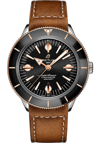 Breitling Superocean Heritage '57 Watch - Steel and 18K Red Gold - Black Dial - Brown Calfskin Leather Strap - Tang Buckle - U10370121B1X1 42mm & 18K Red Gold Black Dial