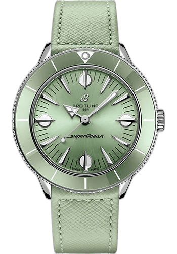 Breitling 38mm Superocean Heritage ’57 Pastel Paradise Watch - Stainless Steel - Mint Green Dial - Mint Green Calfskin Leather Strap - Folding Buckle - A10340361L1X1 Watch Ref. A10340361L1X1