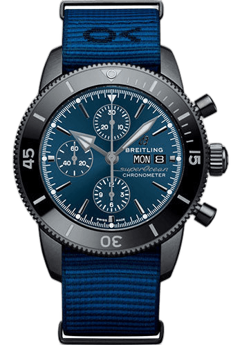Superocean Heritage Chronograph 44 Outerknown Watch - Black steel - Blue Dial - Taffetas Dark Blue Nato Strap - Tang Buckle - M133132A1C1W1 44mm Breitling Ref. M133132A1C1W1