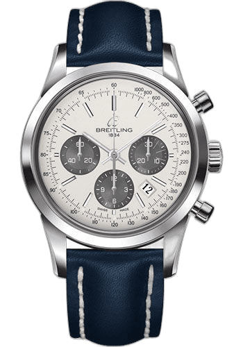 Breitling Transocean Chronograph Watch - Steel - Mercury Silver Dial - Blue Leather Strap - Folding Buckle - AB015212/G724/112X/A20D.1 43mm Ref. AB015212/G724/112X/A20D.1