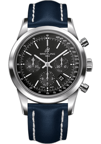 Breitling Transocean Chronograph Watch - Steel - Black Dial - Blue Leather Strap - Tang Buckle - AB015212/BA99/105X/A20BA.1 43mm